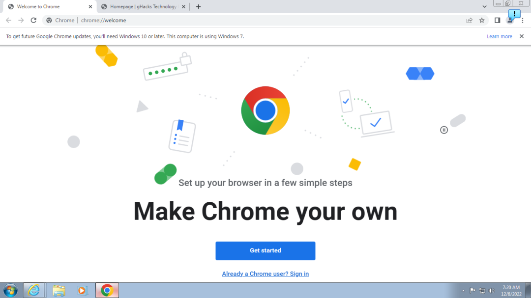 已置顶横条通知，谷歌 Chrome 浏览器不再支持 Win7 / Win8.1 平台